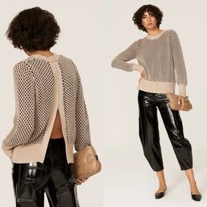 Thakoon Honeycomb Mixed Knit Sweater XS Black Cream Open Zip Back Ribbed